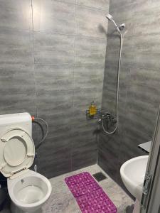 a bathroom with a shower and a toilet and a sink at Hotel City Rooms Prishtina in Prishtinë