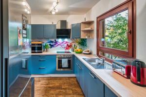 una cucina blu con lavandino e finestra di Ferienhaus Elbharmonie a Dresda