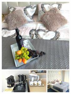 a collage of pictures of a bed with a tray of fruit at Sunrise Studio Grenada in Sunny Beach