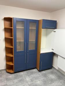 an empty room with blue doors and shelves at Motoráj -apart Kutná Hora in Kutná Hora