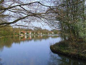 a view of a river with trees and a view of a town at Cozy apartment in a farmhouse in Camino-Ombra in Westerbork
