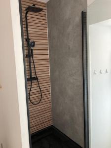 La salle de bains est pourvue d'une douche et d'un mur en bois. dans l'établissement T2 Le Conquet "Molène" avec parking privé 300m commerces, au Conquet
