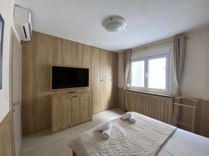 a bedroom with a bed and a tv on a wall at Villa Nikoleti Luxury Living in Nikiti