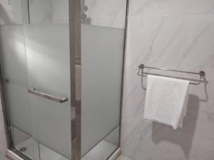 a shower stall with a white towel on a rack at MITOS LUXURY SUITES (ANNEX) in Lagos