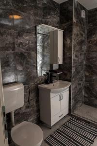 a bathroom with a sink and a toilet and a mirror at Legato Apartment in Brčko +9 photos