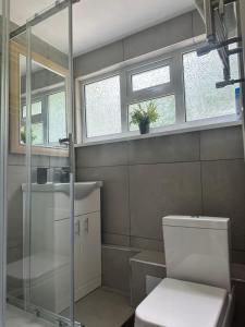 a bathroom with a toilet and a sink and windows at Charming Four Bedroom Holiday Home in Harlow
