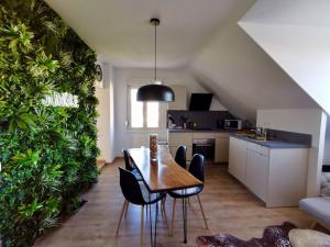 een keuken en eetkamer met een tafel en stoelen bij ÉVASION JUNGLE - Wifi & Netflix ! in Mulhouse