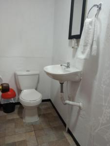 a white bathroom with a toilet and a sink at Los Laureles in Calarcá