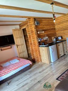 a room with a bed and a kitchen in a house at Tara Land Lake in Zaovine