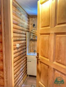 a kitchen with wooden walls and a door and a sink at Tara Land Lake in Zaovine