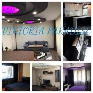 un collage di foto di una camera con soffitto viola di Viktoria Paradise a Devin
