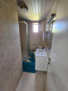 La salle de bains est pourvue d'un lavabo et de toilettes. dans l'établissement Central apartment in Prilep, à Prilep
