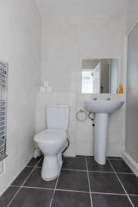 a bathroom with a toilet and a sink at Cosy 2 bedroom apartment near WEMBLEY, garden, late check in in London