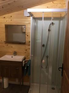a bathroom with a shower and a sink at Cabane au milieu des bois in Lanvellec
