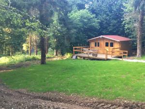 a cabin in the woods with a green lawn at Cabane au milieu des bois in Lanvellec