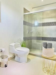 a bathroom with a toilet and a glass shower at Lago Calima Bliss: Secret Garden Paradise in Darien in Darién