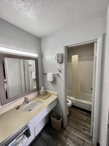 a bathroom with a sink and a mirror and a toilet at Delux Inn Cleburne in Cleburne