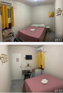 Pousada Aconchego في أراكاجو: صورتين لغرفة فيها سريرين