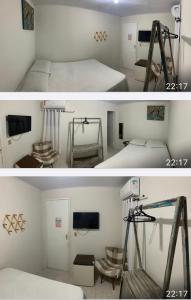 Pousada Aconchego في أراكاجو: صورتين لغرفة بها سرير وتلفزيون