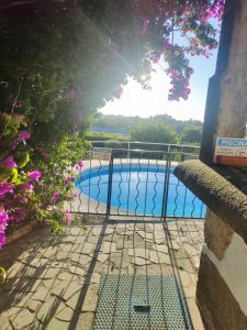 una puerta que conduce a una piscina con flores púrpuras en Quinta dos Carvalhos en Vila Praia de Âncora