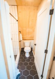 a bathroom with a toilet in a room at Finger Lakes Treehouse in Sodus