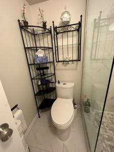 a white bathroom with a toilet and a shower at Basement apartment in Richmond Hill