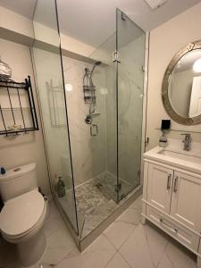 een badkamer met een douche, een toilet en een wastafel bij Basement apartment in Richmond Hill
