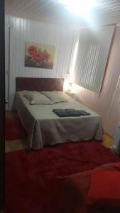 um quarto com uma cama com um candeeiro em Casa em Canela RS em Canela