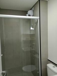 y baño con ducha de cristal y aseo. en Studio 811, en Marília