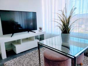 uma sala de estar com uma mesa de vidro e uma televisão em Zig Zag at Henley ~ BEACH ~ DINING ~ WiFi ~Airport em Henley Beach South