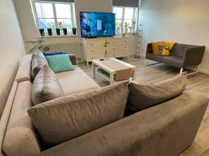 a living room with a couch and a tv at Apartament 20 in Radków