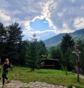 ブザウにあるCăsuța Dedeの山の見える畑を走る女