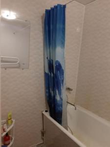 a blue shower curtain in the corner of a bathroom at Independent apartment in varena in Varėna