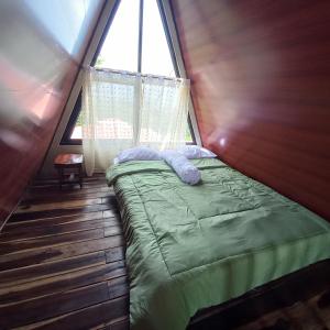 Bett in einem Zimmer mit einem großen Fenster in der Unterkunft Agora Home in Wonosobo