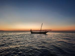 een boot in de oceaan bij zonsondergang bij Promised Land Lodge in Kizimkazi