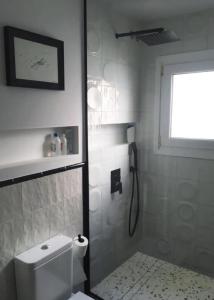 ein Bad mit einer Dusche, einem WC und einem Fenster in der Unterkunft Apartamento renovado en Cadaqués in Cadaqués