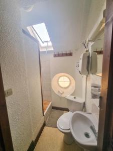 La salle de bains est pourvue de toilettes et d'un lavabo. dans l'établissement Auberge du Crabère, à Melles