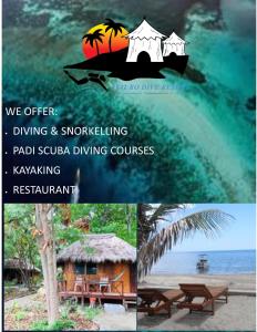 a collage of three pictures of a beach with a tent at Atauro Dive Resort in Beloi