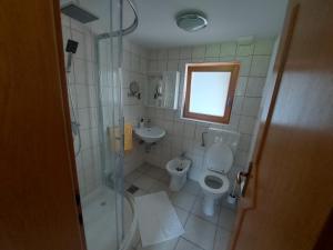 y baño con ducha, aseo y lavamanos. en Apartma Markelj en Radovljica