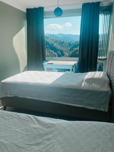 Schlafzimmer mit einem Bett und einem Fenster mit Aussicht in der Unterkunft Hobbitköy giresun in Giresun