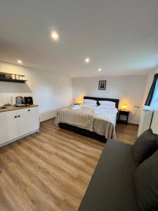 ein großes Schlafzimmer mit einem Bett und einem Sofa in der Unterkunft Aparts4ring Nürburg - Private Rooms in Nürburg