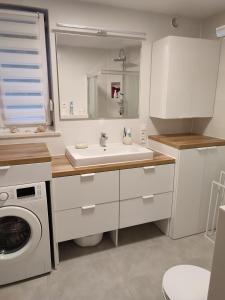 - une cuisine blanche avec un évier et un lave-linge dans l'établissement Domek w Grabówce, 