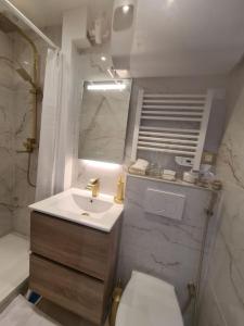 Très beau studio au pied du métro في فينسين: حمام مع حوض ومرحاض ومرآة