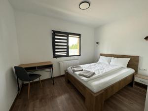 a bedroom with a bed and a desk and a window at Cabana The One in Beliş