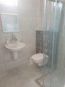 a bathroom with a toilet and a sink and a shower at Beldibi Apart Homes in Antalya