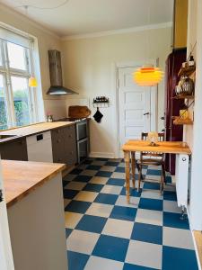 Villa i hyggelige omgivelser في رودكوبينغ: مطبخ مع طاولة وأرضية ملونة زرقاء وبيضاء