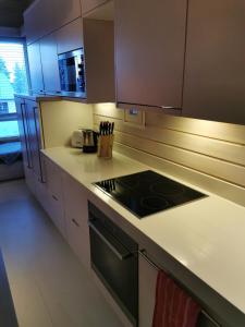 a kitchen with a stove and a counter top at Luttotupa in Saariselka