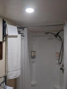 une salle de bain avec douche et serviettes blanches dans l'établissement Country Cottage in Papa Bay, à Papa Bay Estates