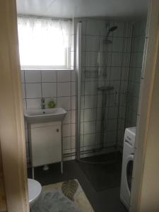 a bathroom with a sink and a shower and a toilet at Charmig Ölandsgård in Köpingsvik