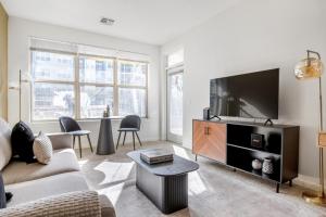 a living room with a couch and a flat screen tv at Somerville 1br w wd gym roof nr Assembly T BOS-840 in Somerville